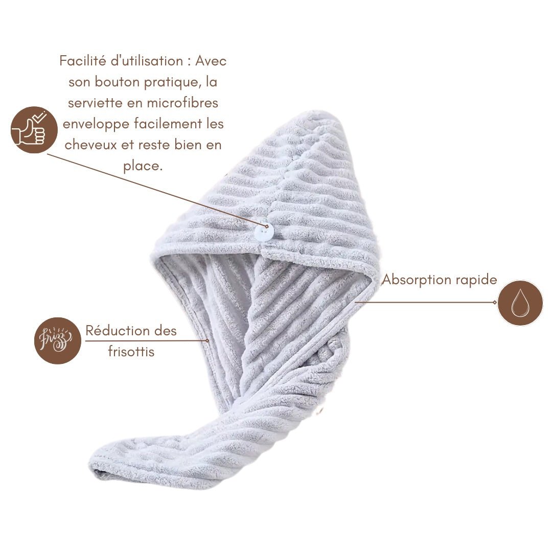 Serviette microfibres grise – séchage rapide et doux des cheveux frisés