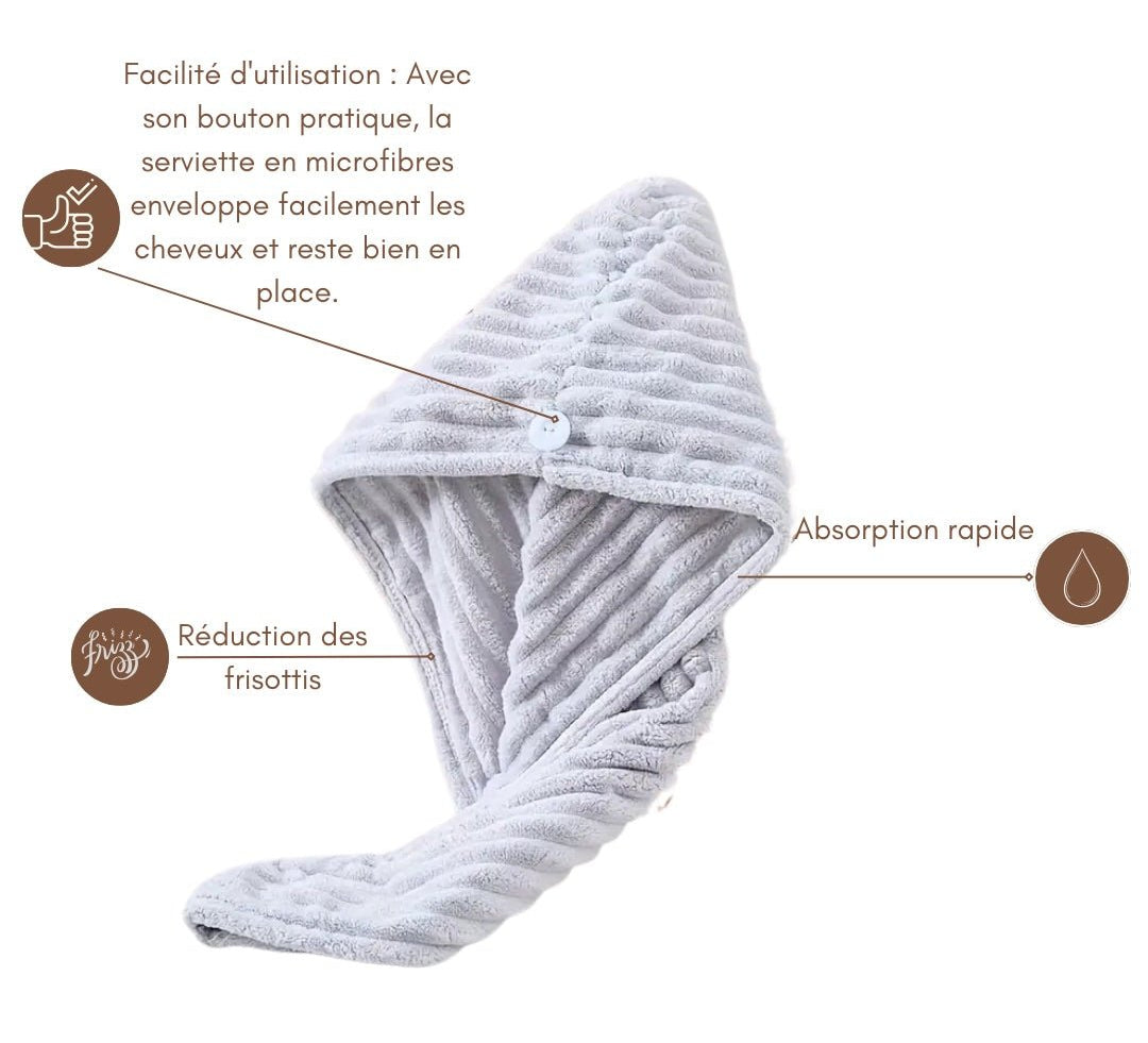 Serviette microfibres grise – séchage rapide et doux des cheveux frisés