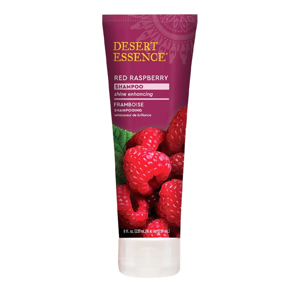 Shampoing Brillance à la Framboise Desert Essence – nettoie, hydrate et redonne éclat aux cheveux bouclés.