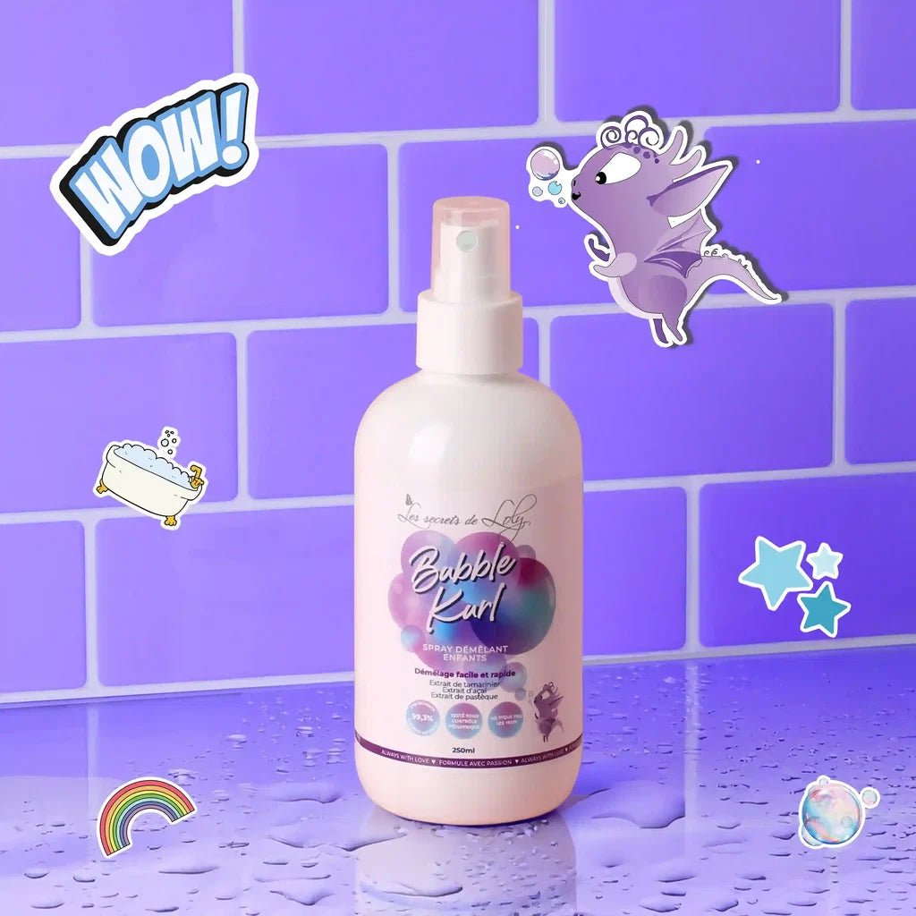 Spray Démêlant Enfant Cheveux Bouclés – Les Secrets de Loly (Bubble Kurl) – soin capillaire naturel pour cheveux ondulés, bouclés, frisés et crépus | L’Art des Boucles Suisse