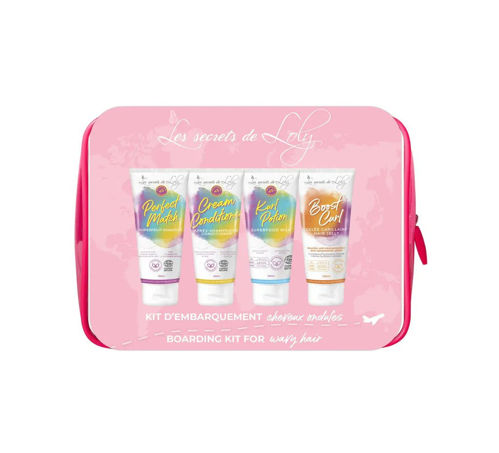 Trousse cheveux ondulés – routine voyage Loly, soins naturels boucles hydratées et anti-frisottis Suisse