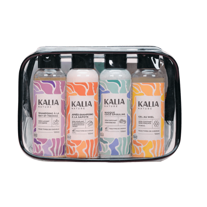 Trousse Indispensables Kalia Nature – 4 soins naturels cheveux bouclés et frisés en format voyage.